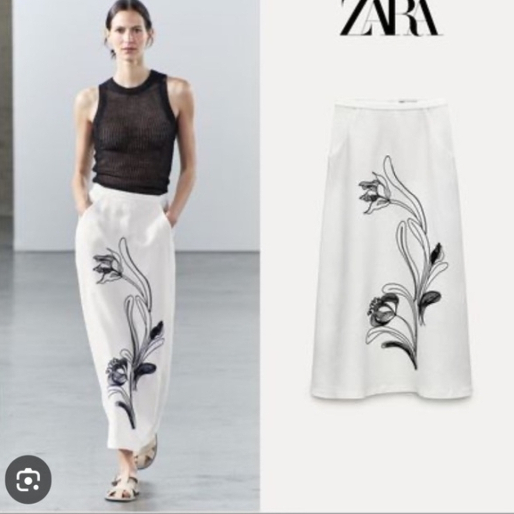 NWOT Zara $109 Collection Linen Skirt Contrast Embroidery White. Size L